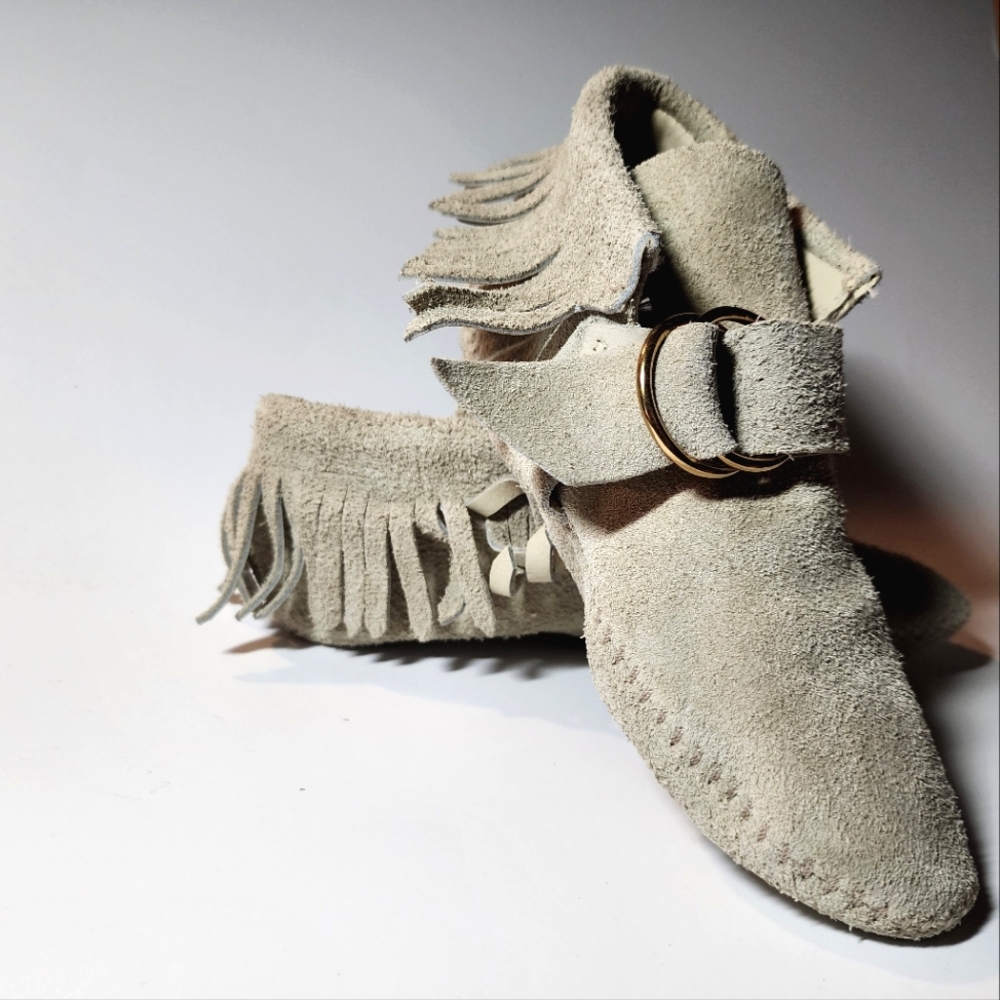 Fringed White Suede Moccasins